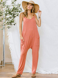 WOMEN'S SLEEVELESS FRONT POCKET V-NECK STRAIGHT LEG WAFFLE JUMPSUIT