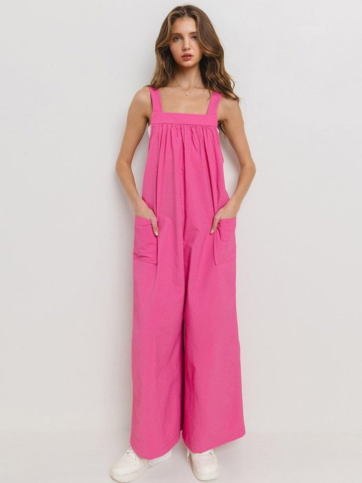 WOMEN'S SLEEVELESS SQUARE NECK FRONT POCKETS WIDE LEG JUMPSUIT