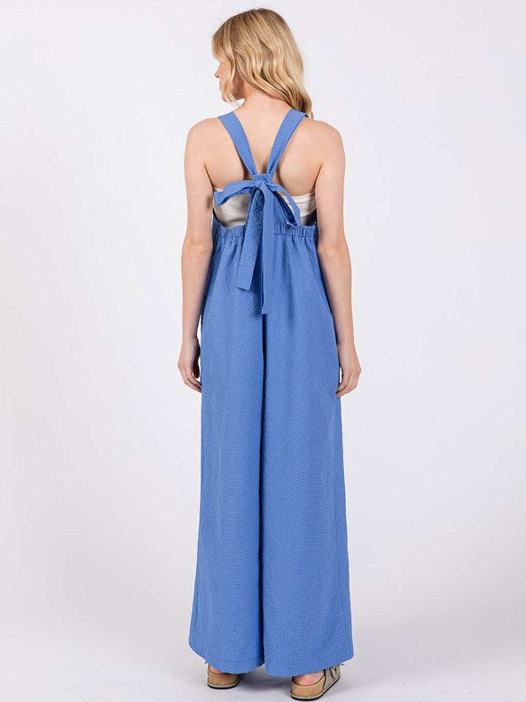 WOMEN'S SLEEVELESS SQUARE NECK FRONT POCKETS WIDE LEG JUMPSUIT