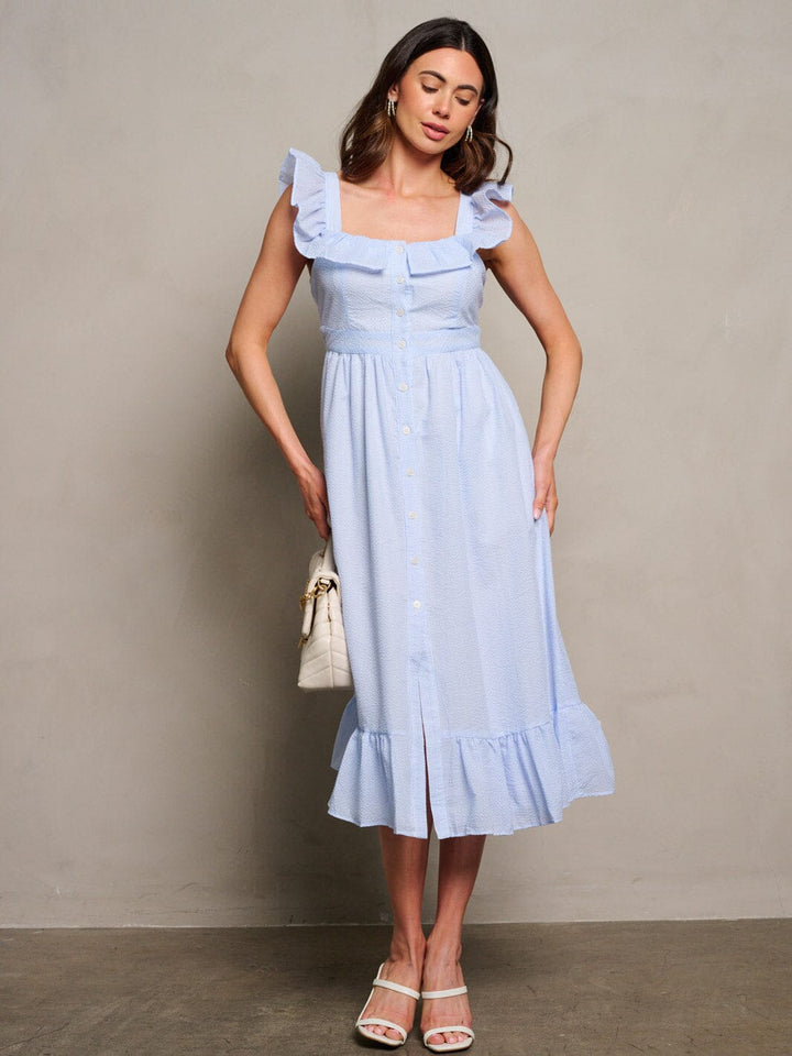 WOMEN'S SLEEVELESS RUFFLE BUTTON UP DETAILED MAXI DRESS