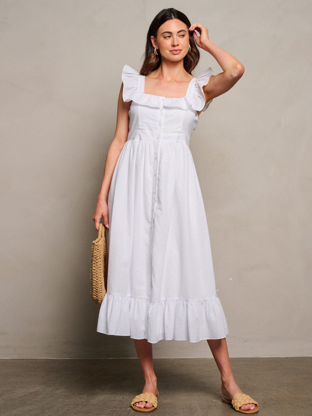 WOMEN'S SLEEVELESS RUFFLE BUTTON UP DETAILED MAXI DRESS