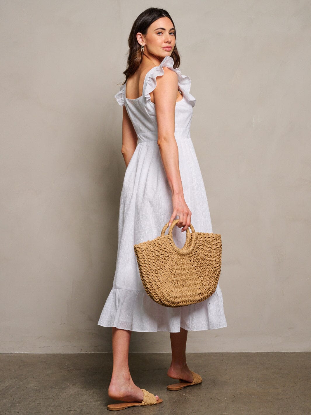 WOMEN'S SLEEVELESS RUFFLE BUTTON UP DETAILED MAXI DRESS