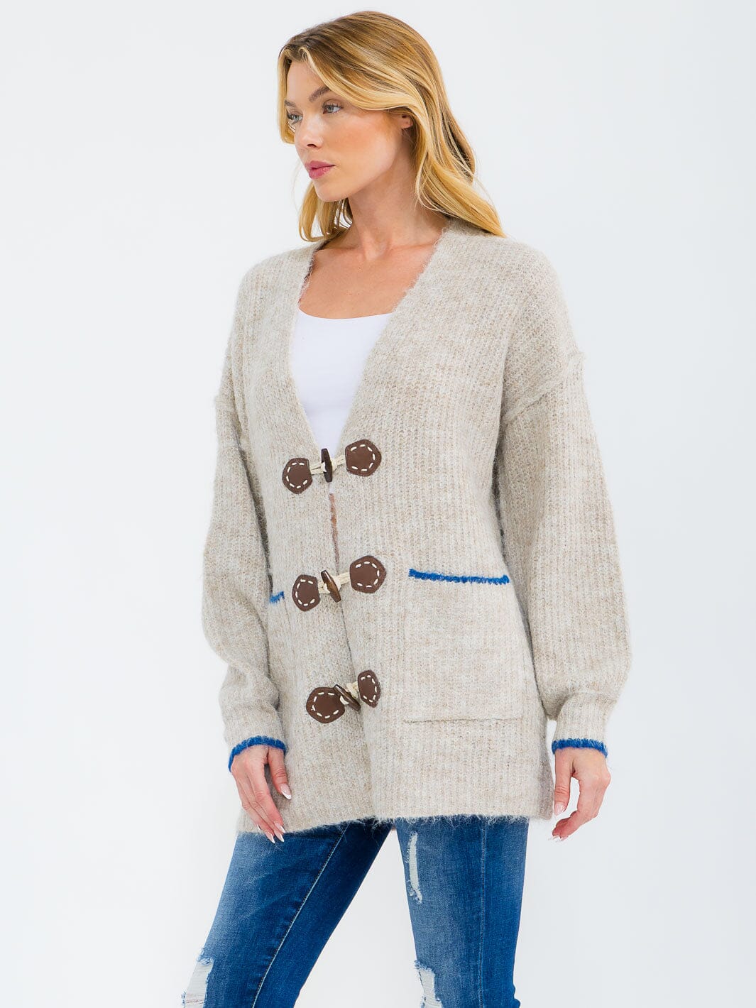WOMEN'S LONG SLEEVE BUTTON CLOSURE FRONT POCKETS CARDIGAN