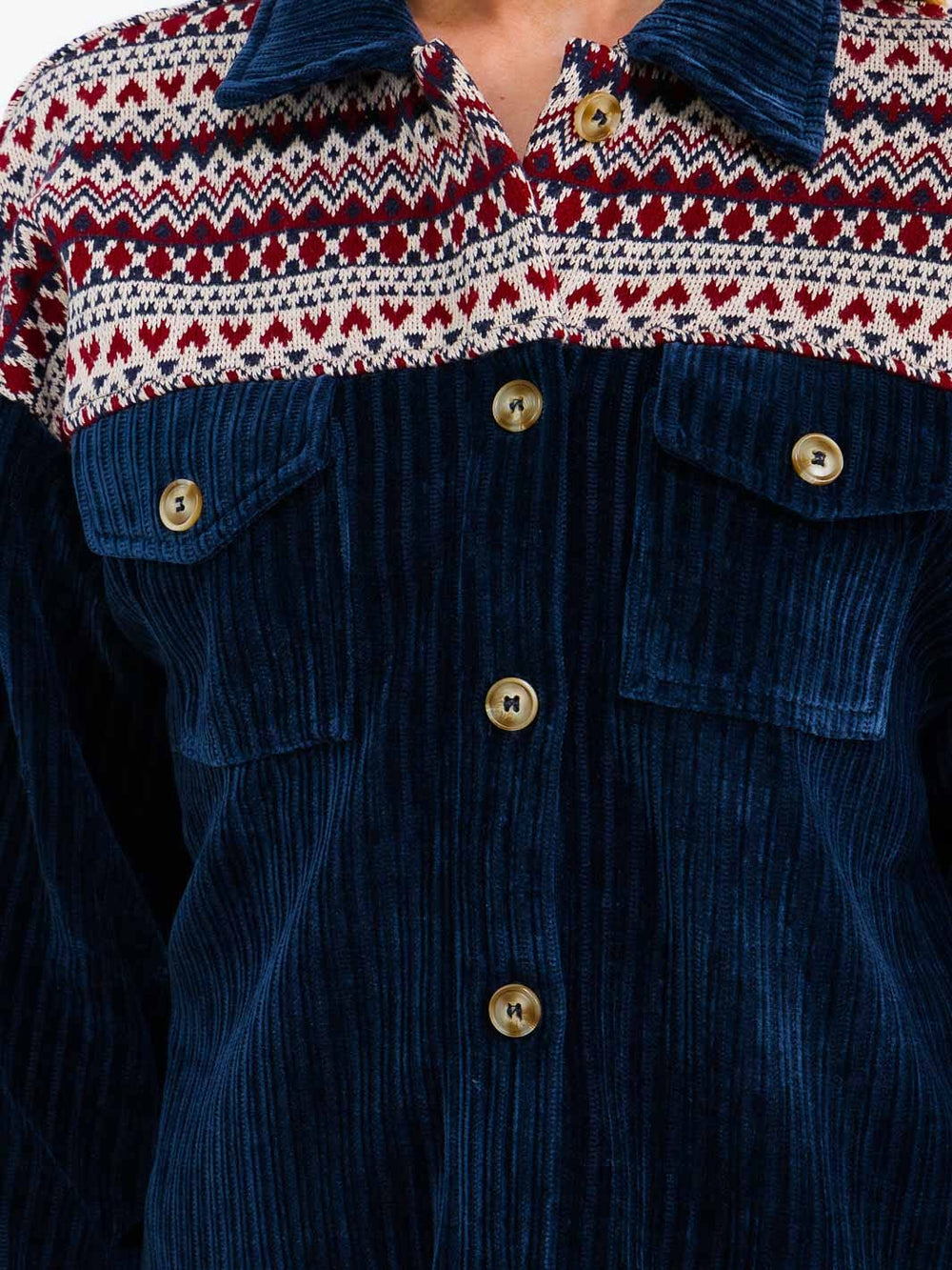 WOMEN'S LONG SLEEVE BUTTON CLOSURE FRONT POCKETS CONTRAST CORDUROY SHACKET