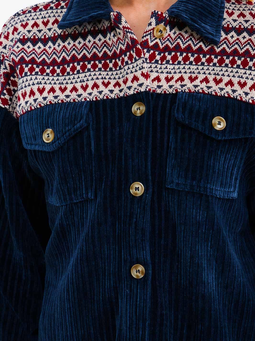 WOMEN'S LONG SLEEVE BUTTON CLOSURE FRONT POCKETS CONTRAST CORDUROY SHACKET