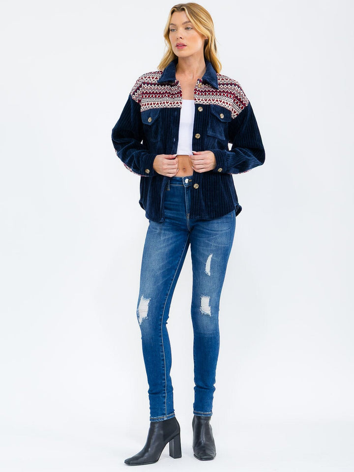 WOMEN'S LONG SLEEVE BUTTON CLOSURE FRONT POCKETS CONTRAST CORDUROY SHACKET