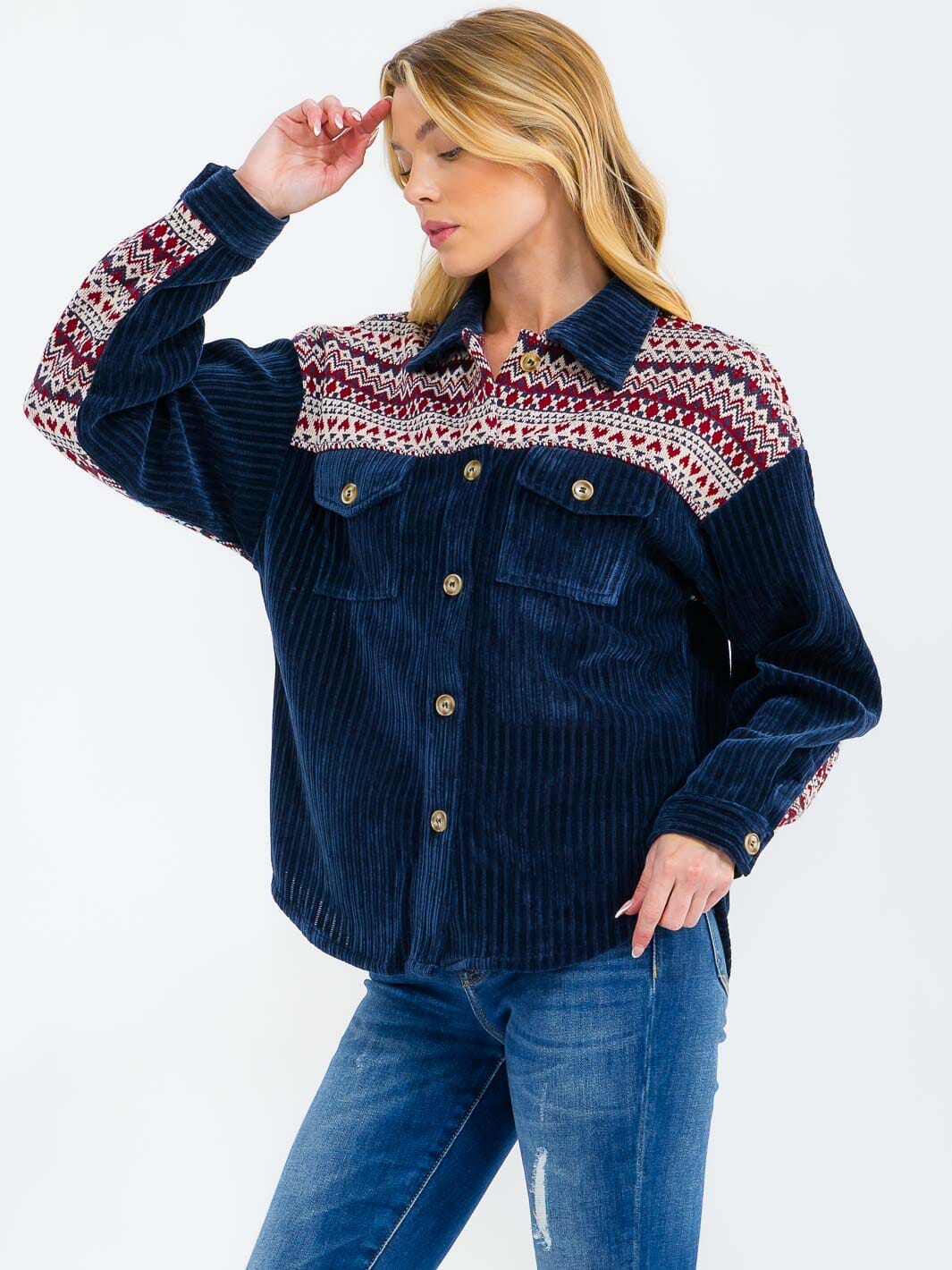 WOMEN'S LONG SLEEVE BUTTON CLOSURE FRONT POCKETS CONTRAST CORDUROY SHACKET
