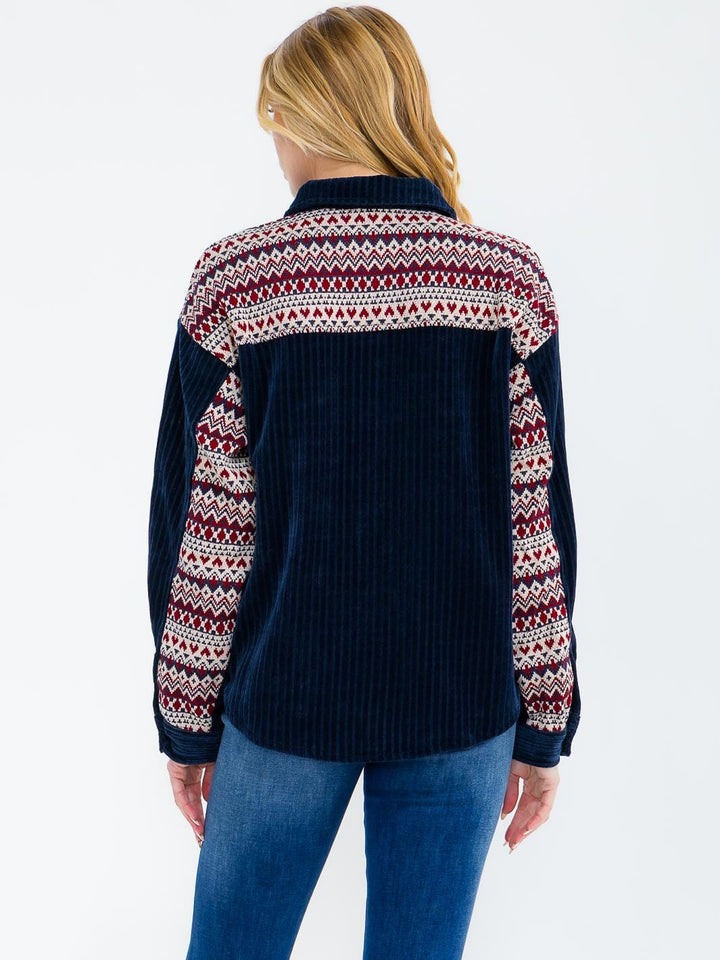 WOMEN'S LONG SLEEVE BUTTON CLOSURE FRONT POCKETS CONTRAST CORDUROY SHACKET