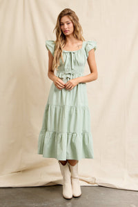 WOMEN'S RUFFLE SLEEVE ELASTIC WAIST TIERED MIDI DRESS
