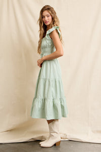 WOMEN'S RUFFLE SLEEVE ELASTIC WAIST TIERED MIDI DRESS
