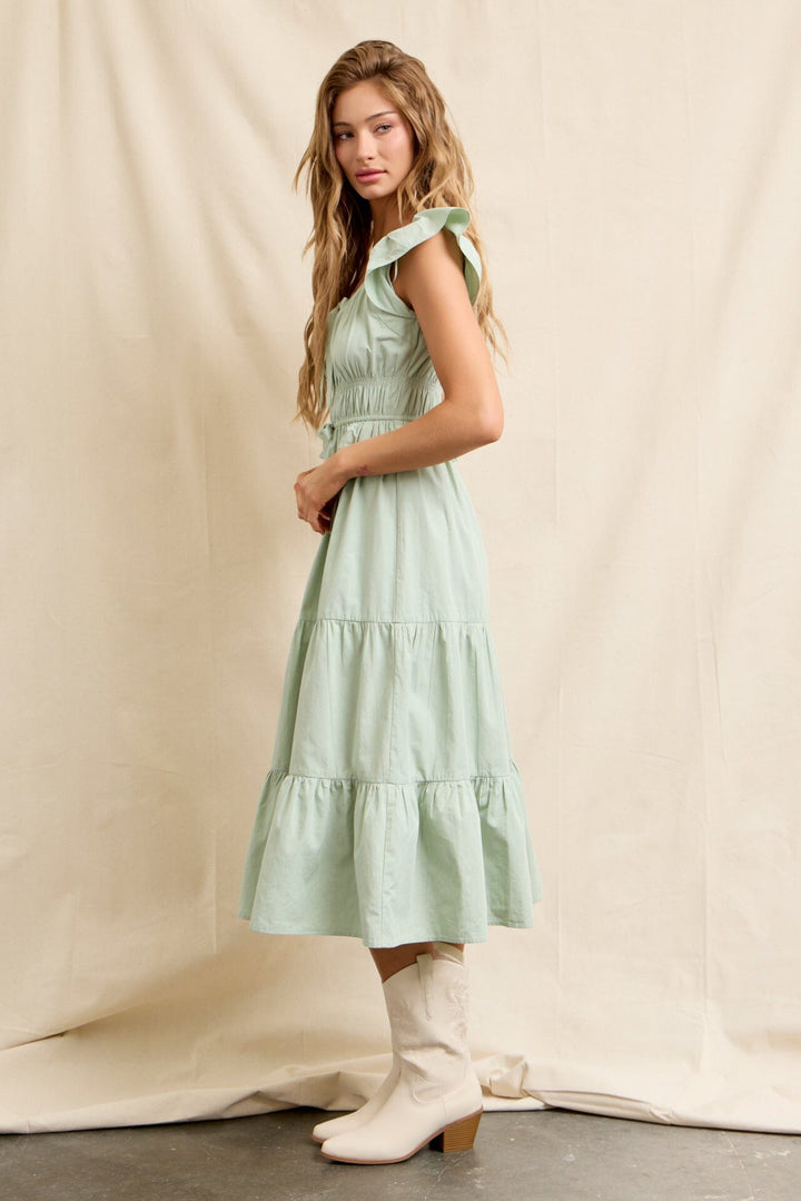 WOMEN'S RUFFLE SLEEVE ELASTIC WAIST TIERED MIDI DRESS
