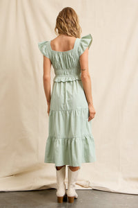 WOMEN'S RUFFLE SLEEVE ELASTIC WAIST TIERED MIDI DRESS