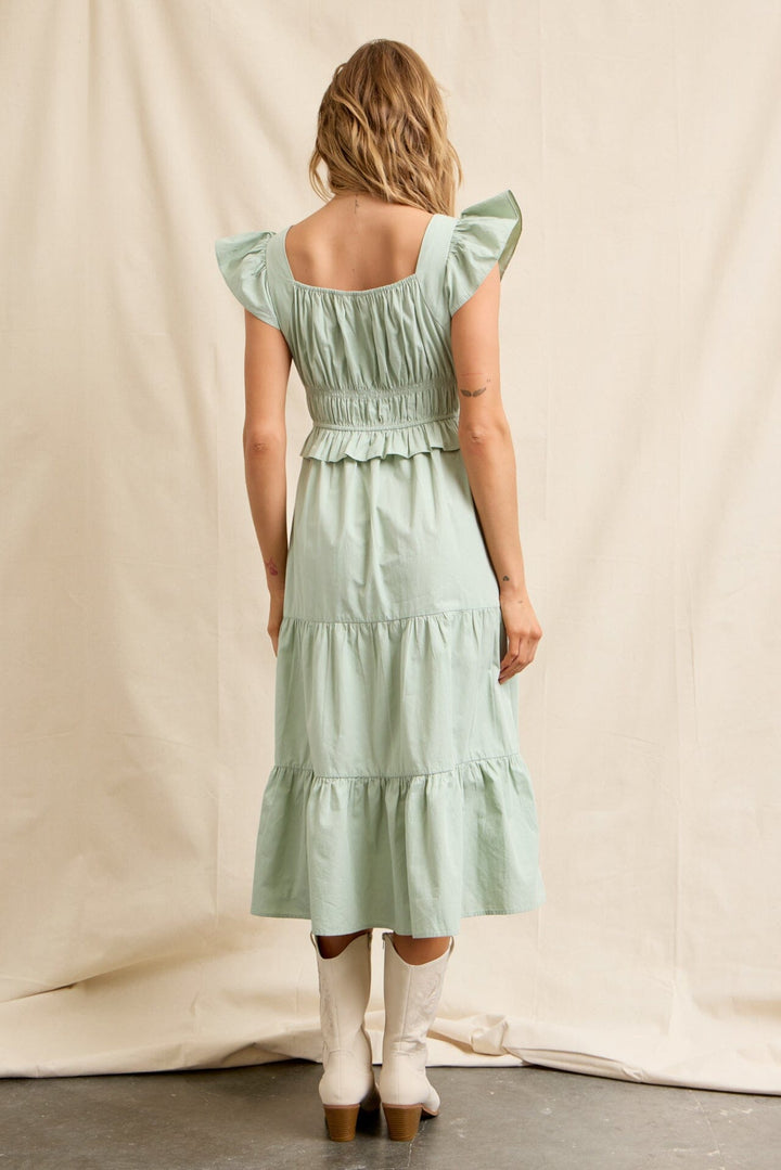 WOMEN'S RUFFLE SLEEVE ELASTIC WAIST TIERED MIDI DRESS