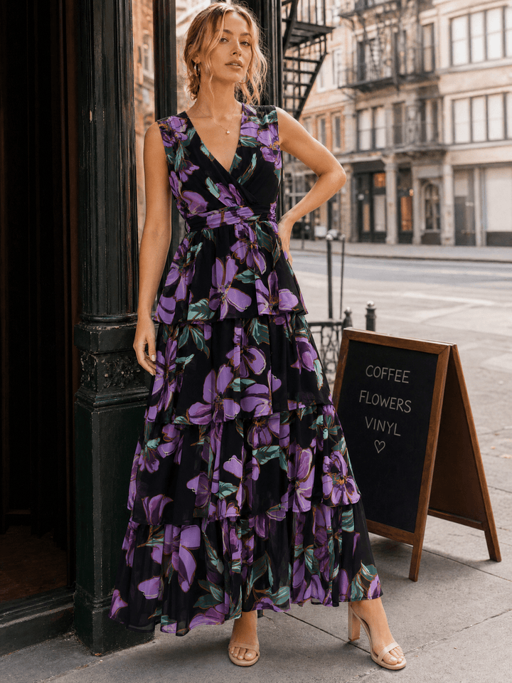 WOMEN'S SLEEVELESS SURPLICE RUFFLE TIERED FLORAL MAXI DRESS