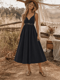 WOMEN'S SLEEVELESS SURPLICE FRONT POCKETS ELASTIC WAIST OPEN BACK MAXI DRESS