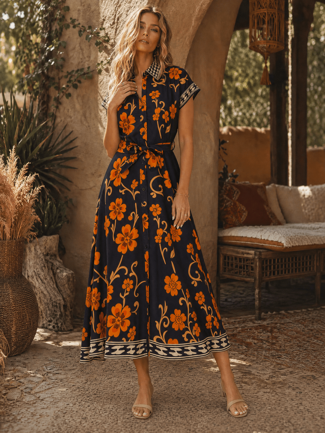 WOMEN'S SHORT SLEEVE SELF TIE BUTTON UP FLORAL PRINT MAXI DRESS