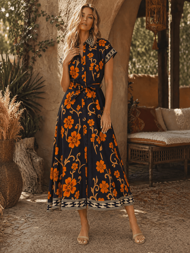 WOMEN'S SHORT SLEEVE SELF TIE BUTTON UP FLORAL PRINT MAXI DRESS