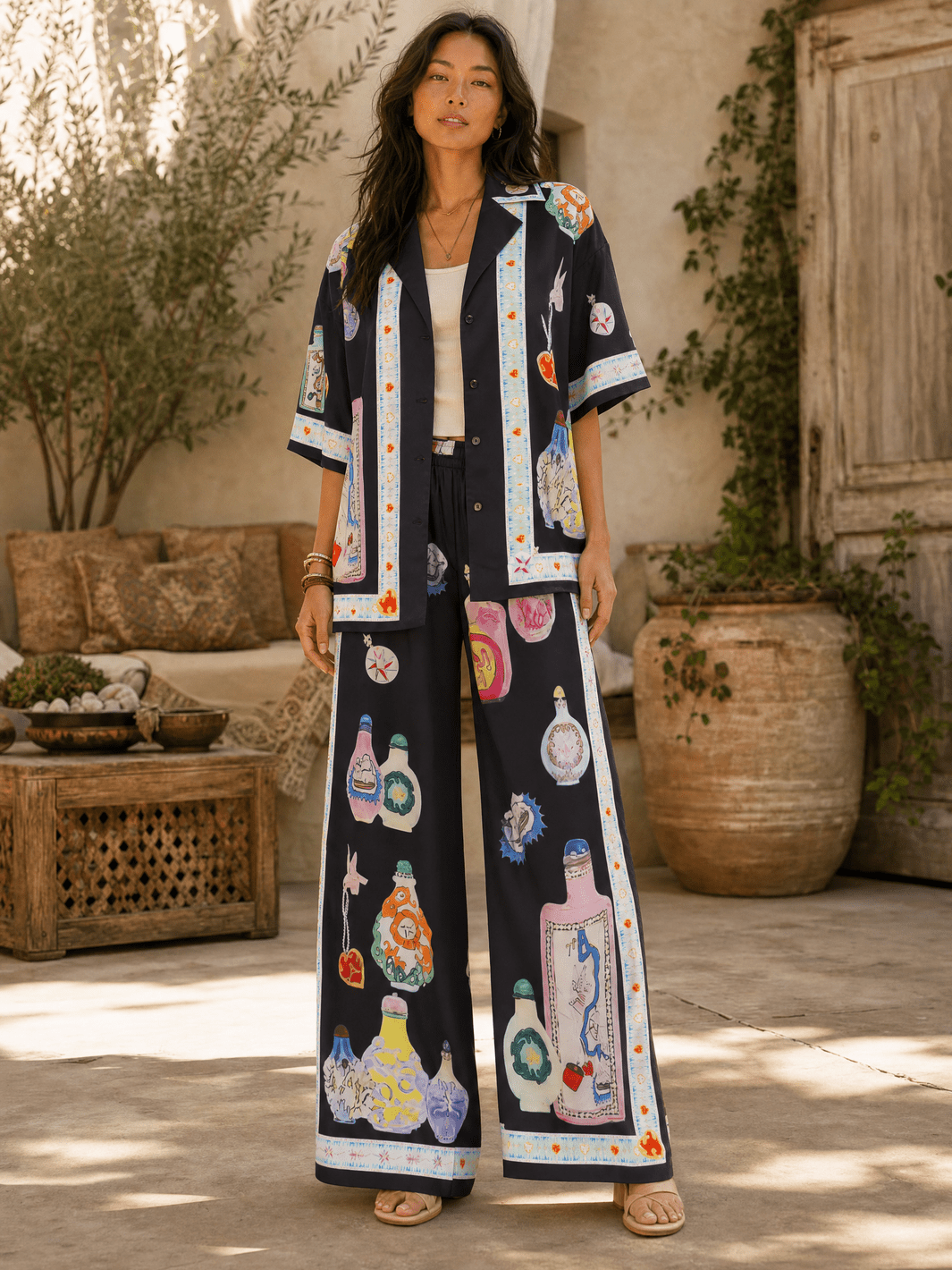 WOMEN'S SHORT SLEEVE BLOUSE & ELASTIC WAIST WIDE LEG PANTS MULTI PRINT 2PC. SET