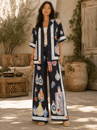WOMEN'S SHORT SLEEVE BLOUSE & ELASTIC WAIST WIDE LEG PANTS MULTI PRINT 2PC. SET