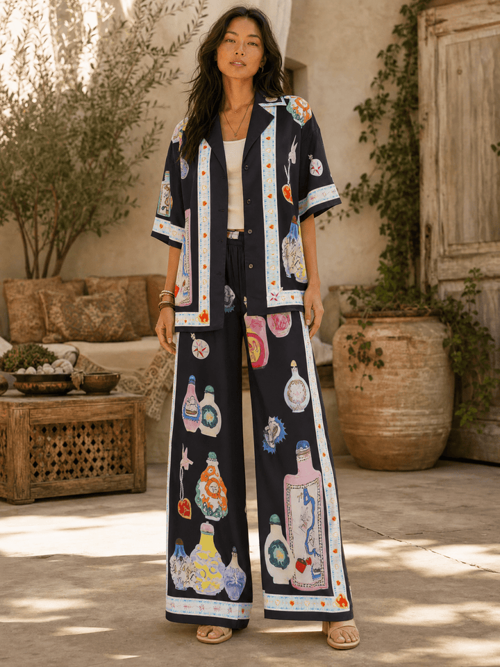 WOMEN'S SHORT SLEEVE BLOUSE & ELASTIC WAIST WIDE LEG PANTS MULTI PRINT 2PC. SET