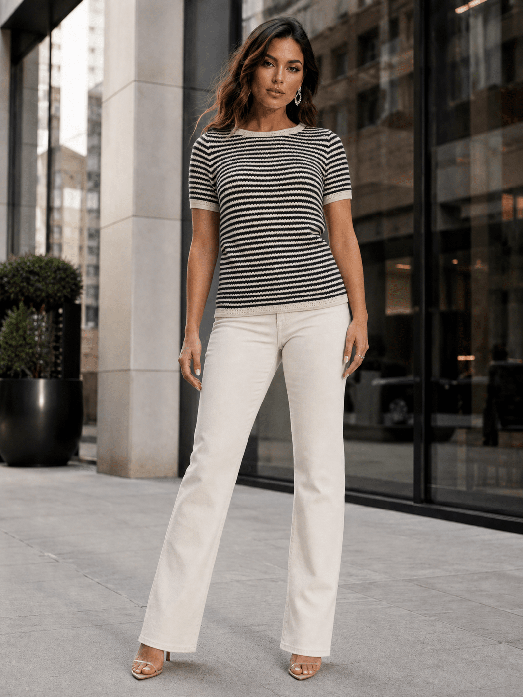 WOMEN'S SHORT SLEEVE COLORBLOCK STRIPES KNIT TOP