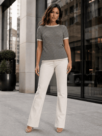 WOMEN'S SHORT SLEEVE COLORBLOCK STRIPES KNIT TOP