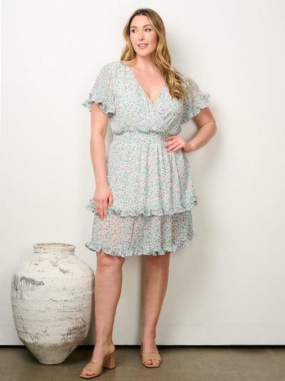 PLUS SIZE SHORT SLEEVE SUPLICE RUFFLE FLORAL MINI DRESS