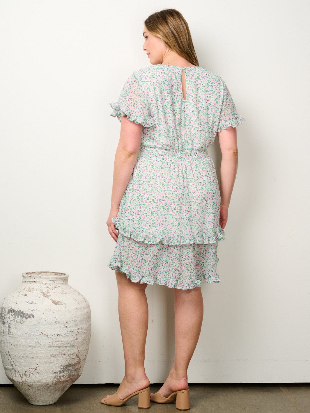 PLUS SIZE SHORT SLEEVE SUPLICE RUFFLE FLORAL MINI DRESS