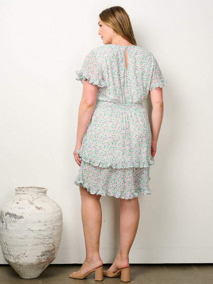 PLUS SIZE SHORT SLEEVE SUPLICE RUFFLE FLORAL MINI DRESS