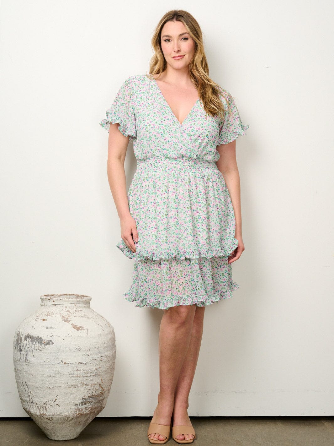 PLUS SIZE SHORT SLEEVE SUPLICE RUFFLE FLORAL MINI DRESS
