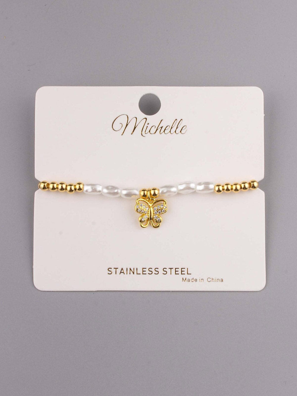 FASHION STAINLESS STEEL BUTTERFLY PEARL BRACELET