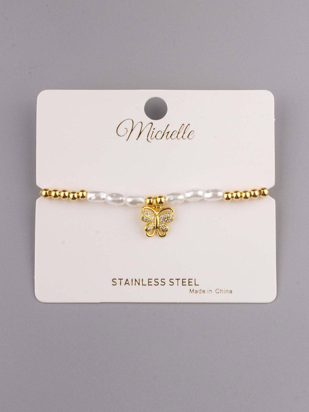 FASHION STAINLESS STEEL BUTTERFLY PEARL BRACELET