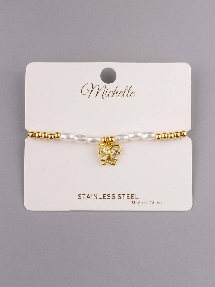 FASHION STAINLESS STEEL BUTTERFLY PEARL BRACELET