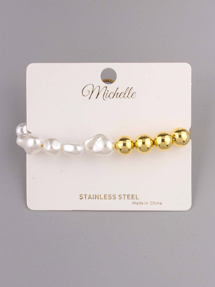 WOMEN'S STAINLESS STEEL PEARL GOLD & WHITE MULTI BRACELET