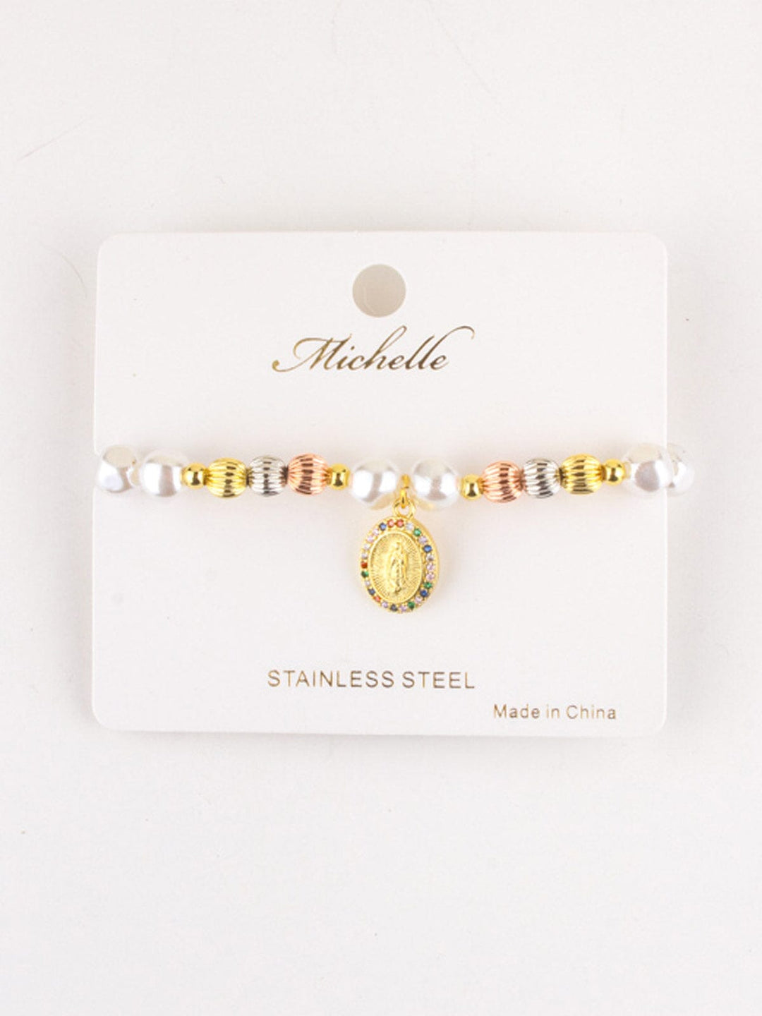 FASHION STAINLESS STEEL COLORBLOCK PEARL BRACELET