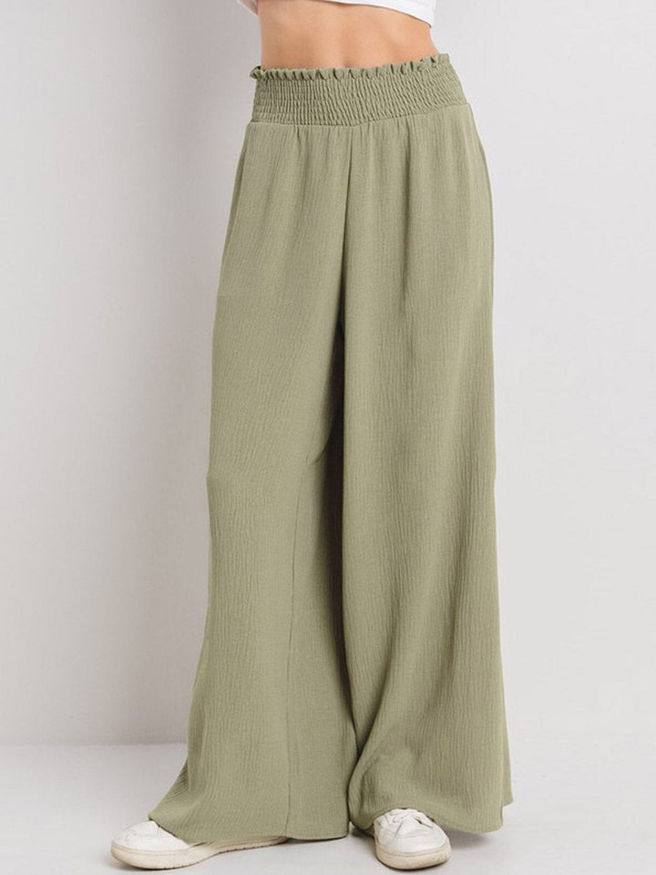 WOMEN'S SMOCK WAIST SIDE SLIT WIDE LEG PANTS