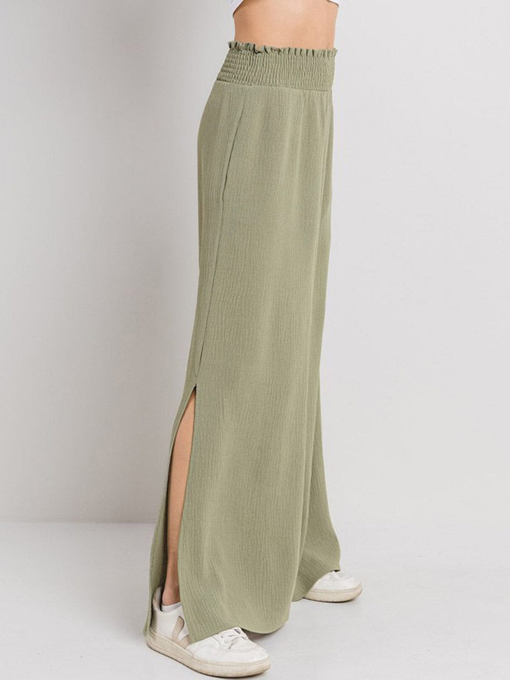 WOMEN'S SMOCK WAIST SIDE SLIT WIDE LEG PANTS