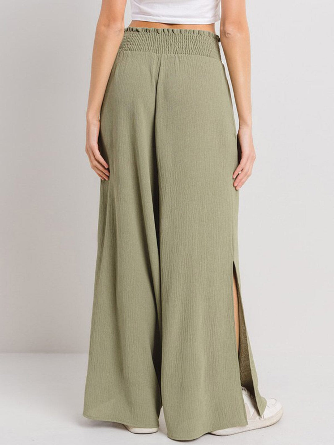 WOMEN'S SMOCK WAIST SIDE SLIT WIDE LEG PANTS