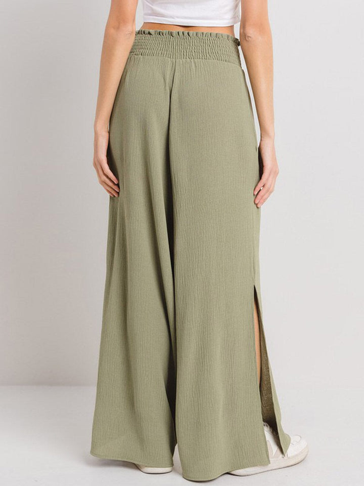 WOMEN'S SMOCK WAIST SIDE SLIT WIDE LEG PANTS