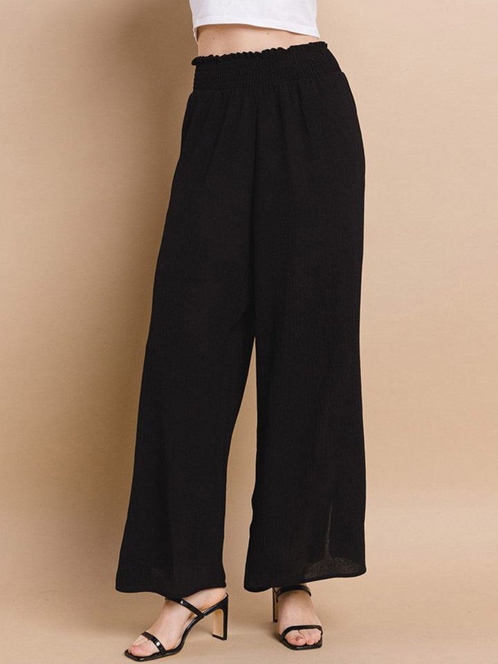 WOMEN'S SMOCK WAIST SIDE SLIT WIDE LEG PANTS