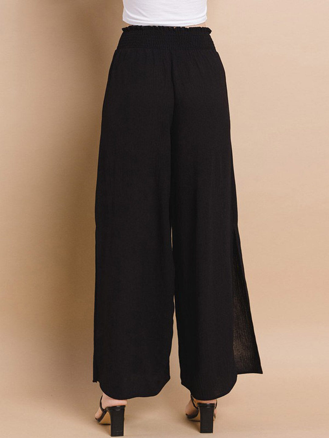 WOMEN'S SMOCK WAIST SIDE SLIT WIDE LEG PANTS