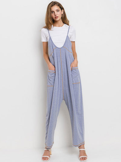 WOMEN'S SLEEVELESS V-NECK FRONT POCKET STRAIGHT LEG JUMPSUIT