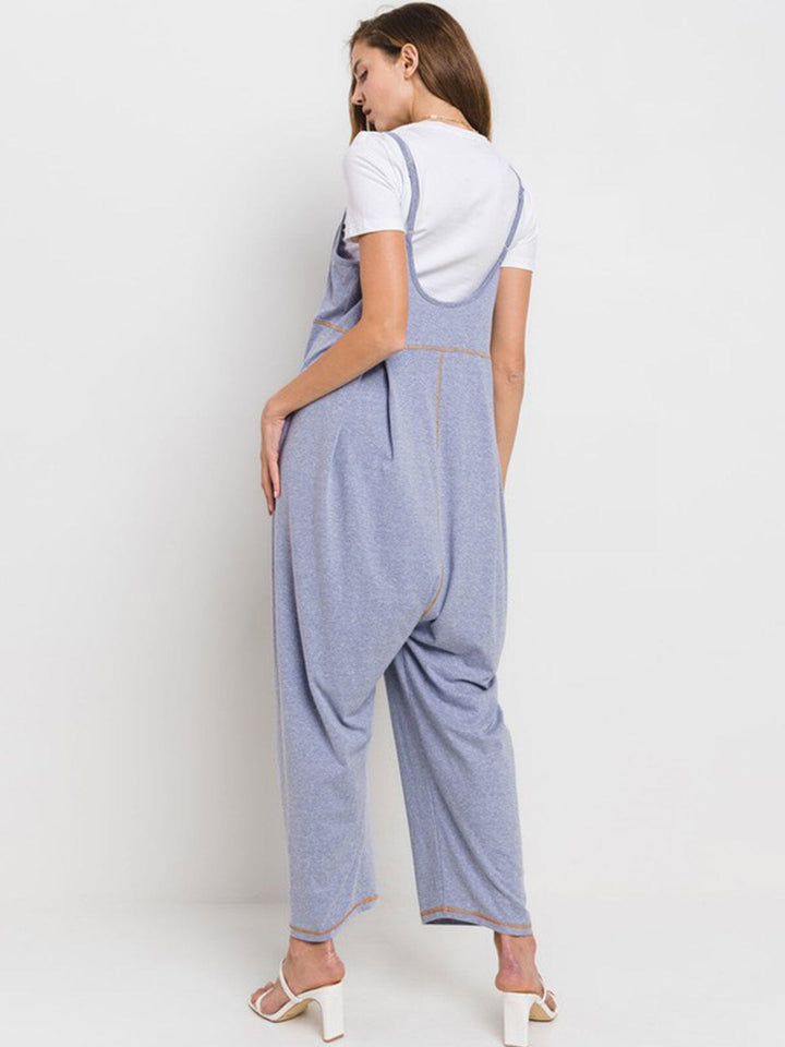 WOMEN'S SLEEVELESS V-NECK FRONT POCKET STRAIGHT LEG JUMPSUIT