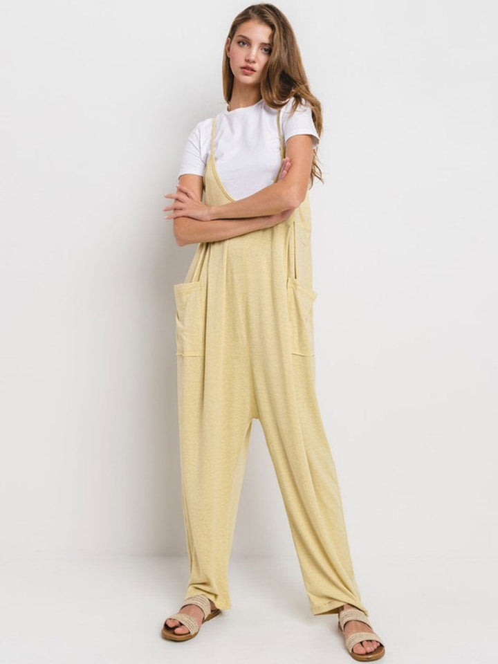 WOMEN'S SLEEVELESS V-NECK FRONT POCKET STRAIGHT LEG JUMPSUIT