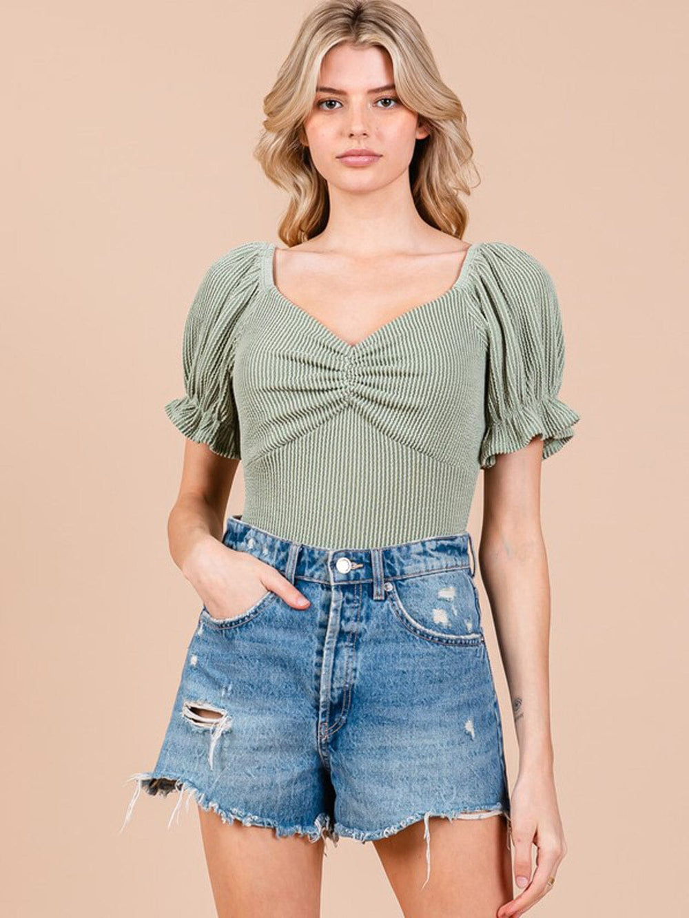 WOMEN'S SHORT PUFF SLEEVE V-NECK RIBBED BODYSUIT