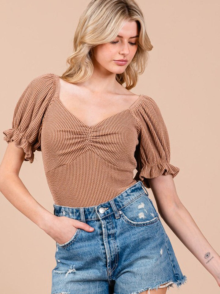 WOMEN'S SHORT PUFF SLEEVE V-NECK RIBBED BODYSUIT