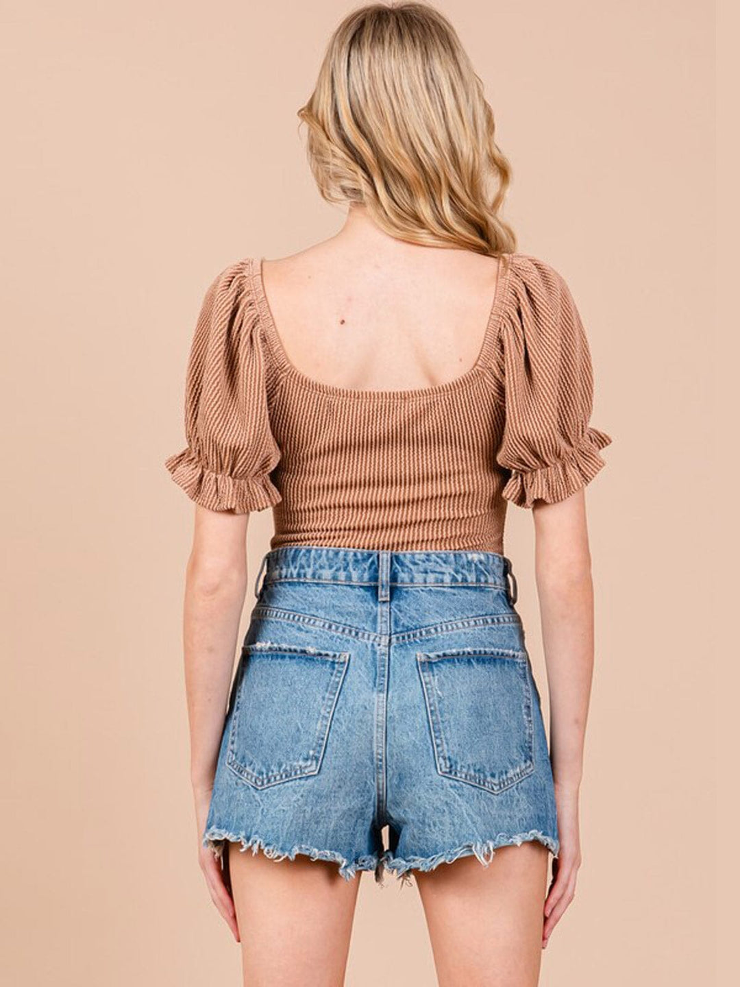 WOMEN'S SHORT PUFF SLEEVE V-NECK RIBBED BODYSUIT