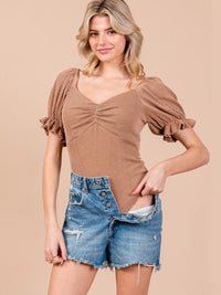 WOMEN'S SHORT PUFF SLEEVE V-NECK RIBBED BODYSUIT
