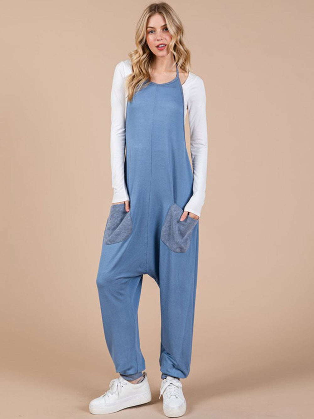 WOMEN'S SLEEVELESS HALTER NECK OPEN BACK FRONT POCKET COLORBLOCK JUMPSUIT