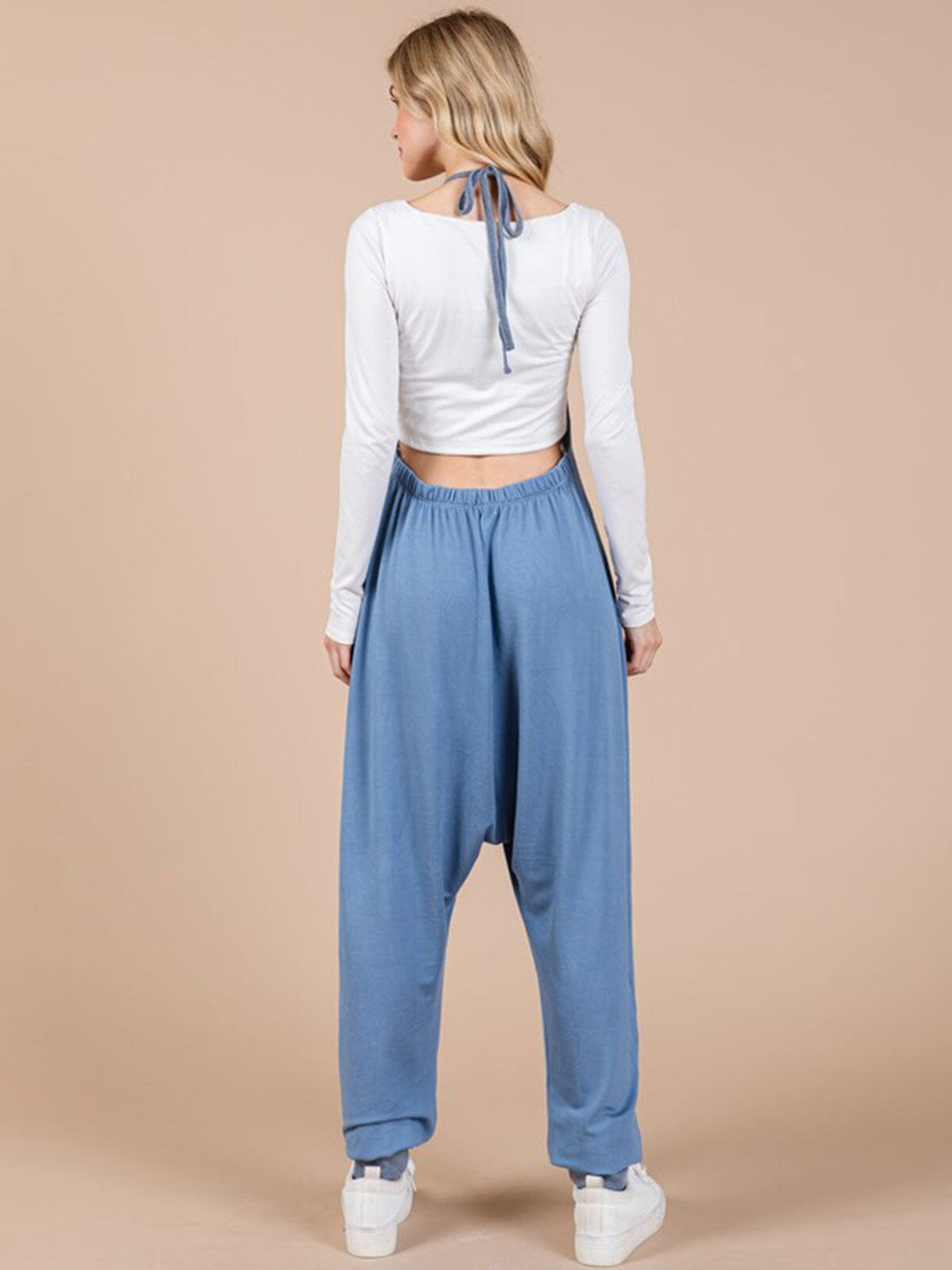 WOMEN'S SLEEVELESS HALTER NECK OPEN BACK FRONT POCKET COLORBLOCK JUMPSUIT